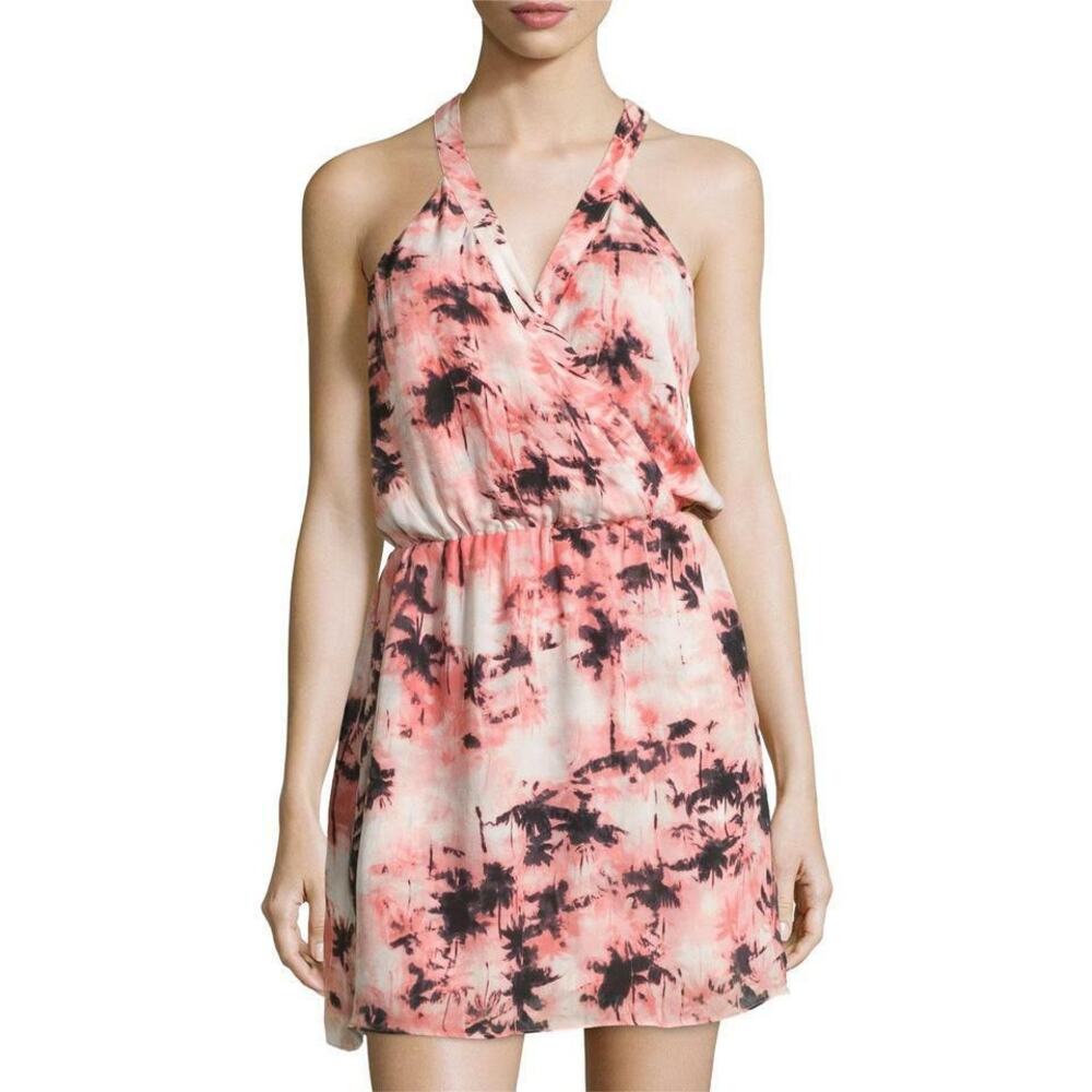 NEW Parker M Kita Graphic Racerback Dress Pink Palm Tree Silk Racerback Surplice
